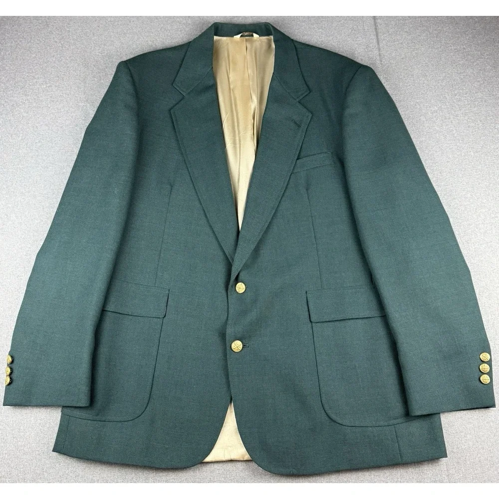 J.W. Crew Men's 46L Green Blazer Sport Coat Gold Buttons USA 2 Button Long